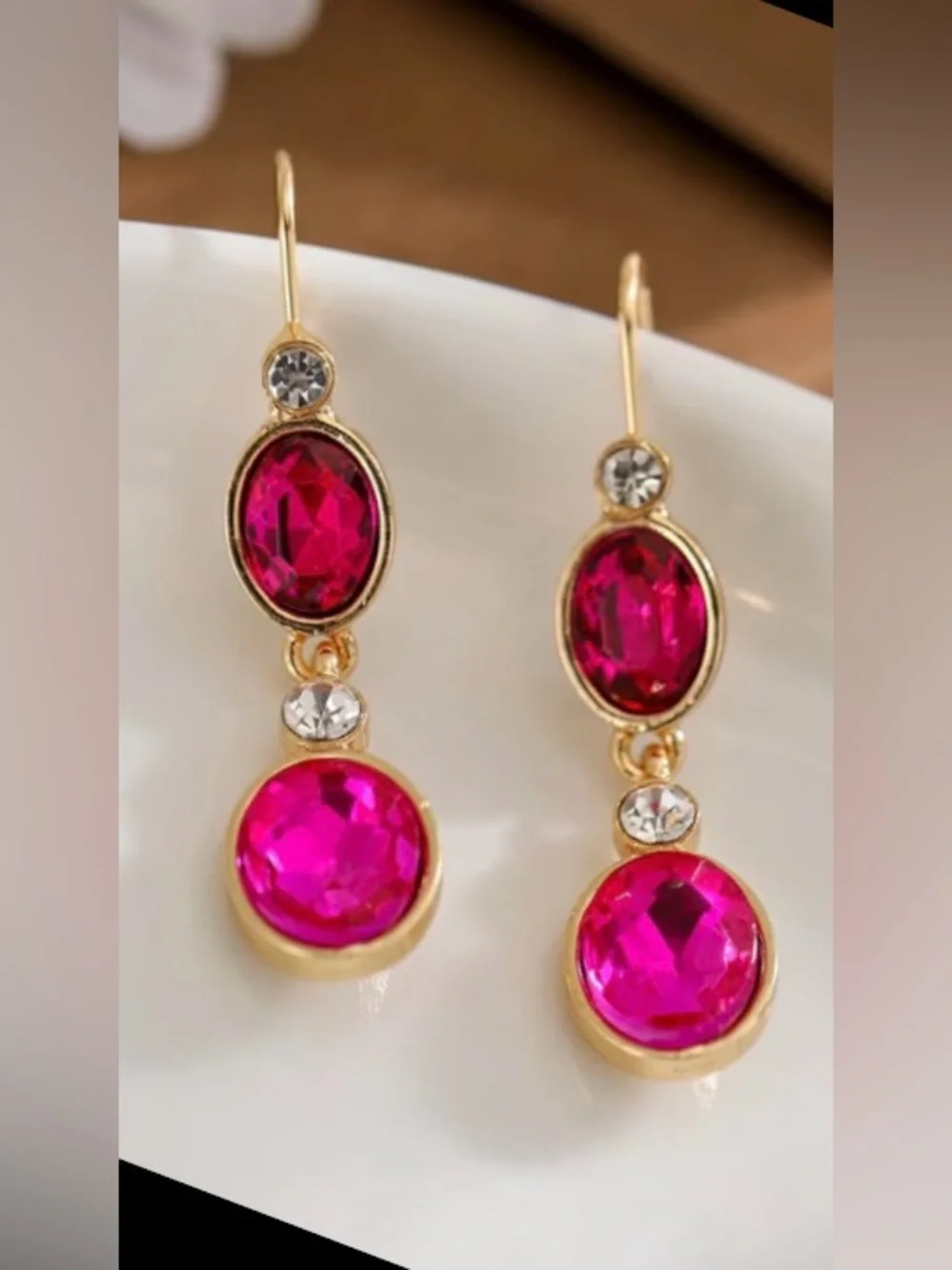 Gold-Tone Pink Drop Earrings with Faceted Pink Stones